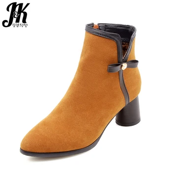 

JK 2018 Thick High Heels Ankle Women Boots Round Heels Female Bootie Winter Warm Shoes Flock Pearl Footwear Super Big Size 32-47