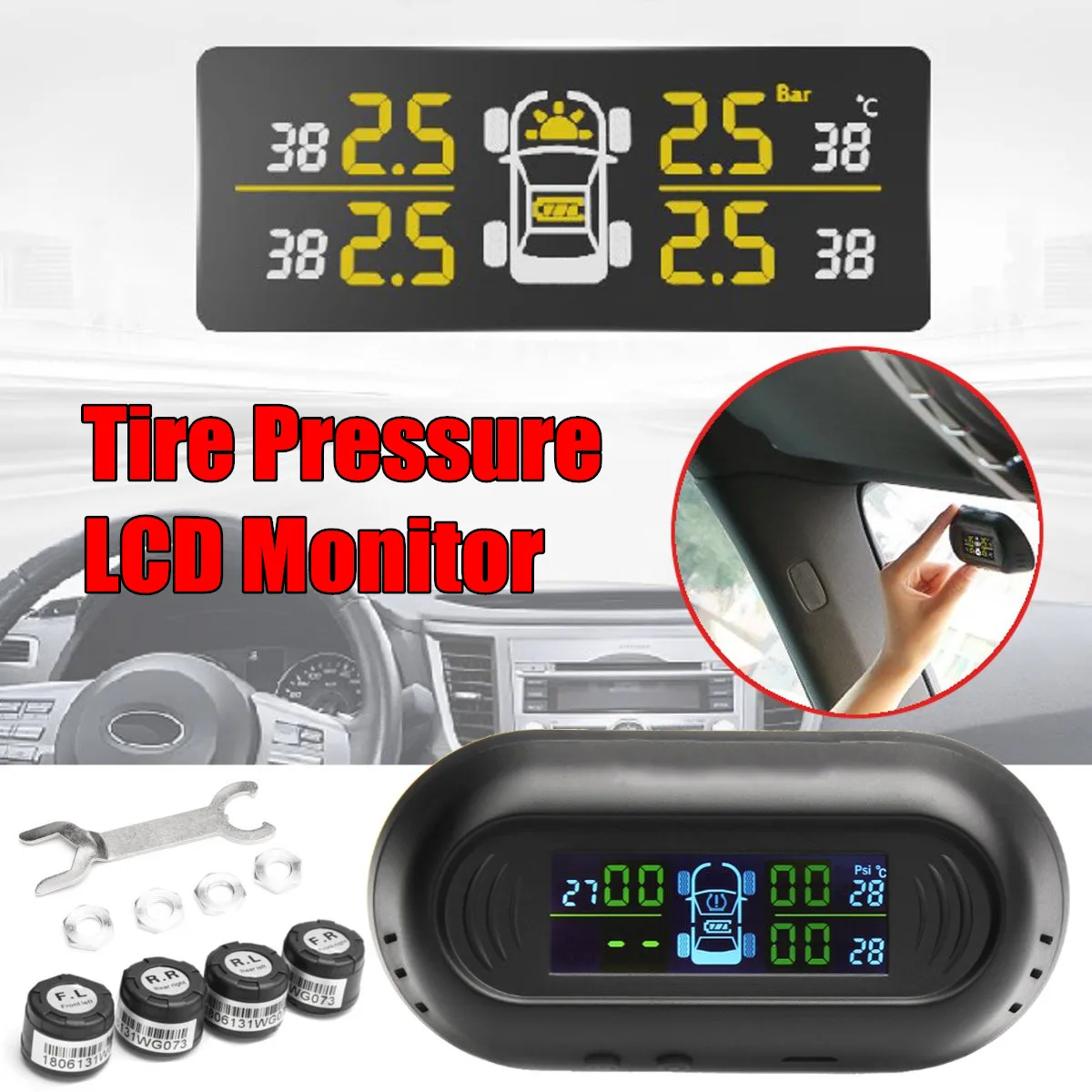 

Smart Car LCD TPMS Tyre Pressure Monitoring System Solar Power charging Auto Security Alarm Systems with 4External Sensor
