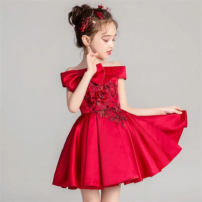 

Baby Kids Wine-red Color Shoulderless Birthday Evening Party Dress Infant Little Girls Elegant Piano Host Costume Tutu Dress