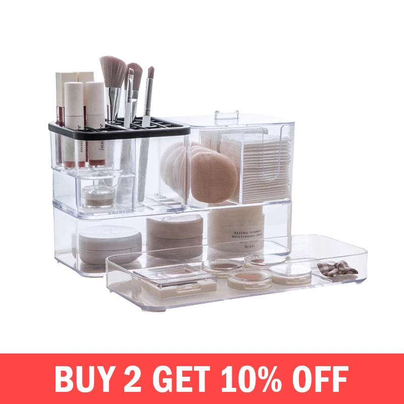 

Transparent Makeup Organizer Women Cosmetic Lipstick Eyeliner Brush Storage Box Drawers Cotton Swabs Mirror Holder Accessories