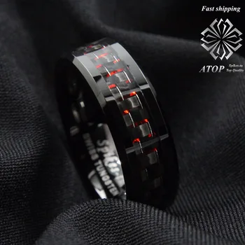 

Men's Tungsten Ring with Carbon Fiber 8mm Black and red men's Wedding Band Free Shipping