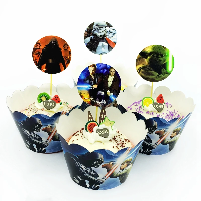 24pcs Star Wars Cake Toppers Cupcake Wrappers Black White