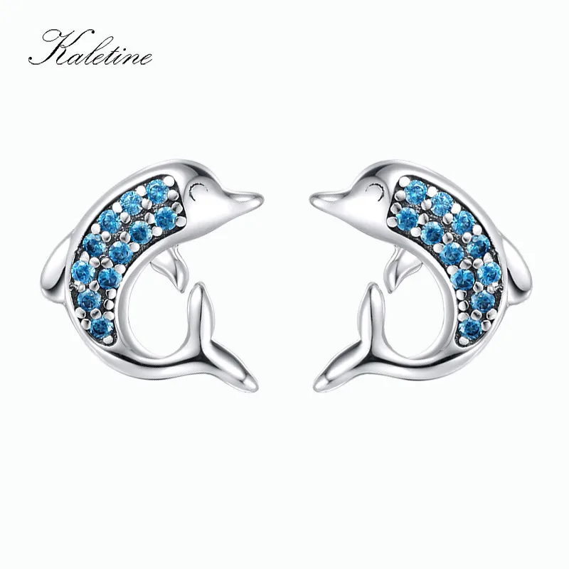 Kaletine, модные 925 пробы серебряные серьги-гвоздики, дельфин, морской океан, голубой Фианит, летние серьги для женщин и детей, ювелирные изделия с животными