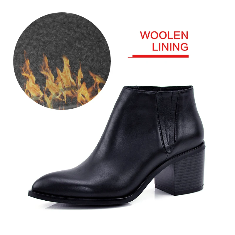 Donna весенние одиночные ботинки ботильоны на толстом каблуке с острым носком женские короткие ботинки женские кожаные ботинки - Цвет: BLACK  woolen lining