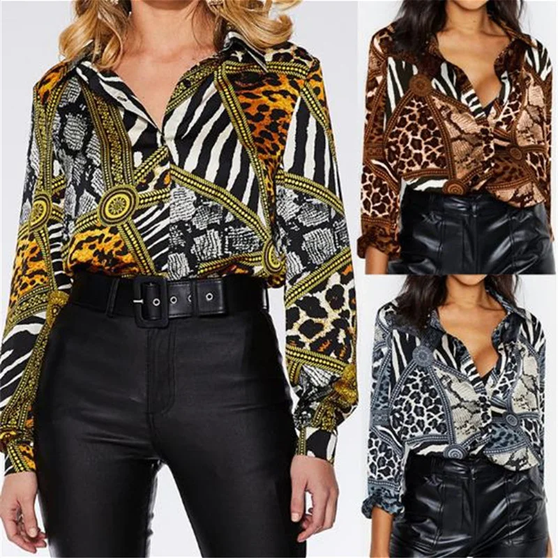 

2019 Autumn Women Leopard & Chains Print Long Sleeve Casual Blouse Bohemian Chiffon V-Neck Streetwear Elegant Office shirt