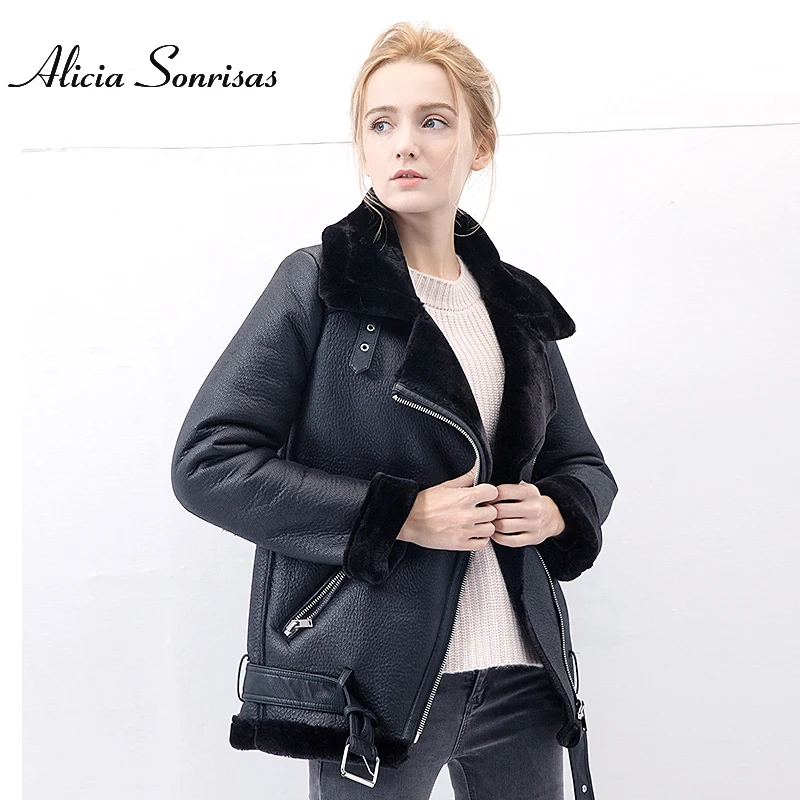 Women Winter Faux Sheepskin Shearling Coats Women Vintage Motorcycle