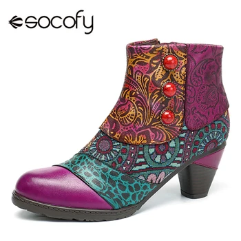 

Socofy Genuine Leather Ankle Boots Women Shoes Bohemian Splicing Zip Handmade Spring Retro Block High Heels Women Boots New