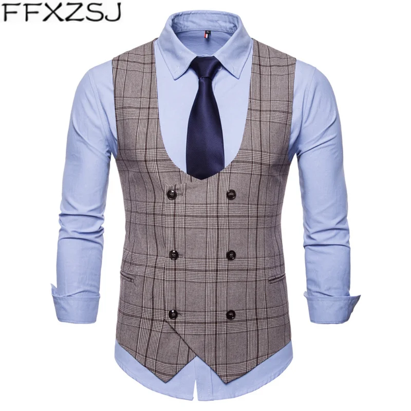 FFXZSJ2019 бренд для мужчин's повседневный деловой жилет высокое качество мужчин's костюмы мужчин's повседневное плед Высокое качество двубортный жилет