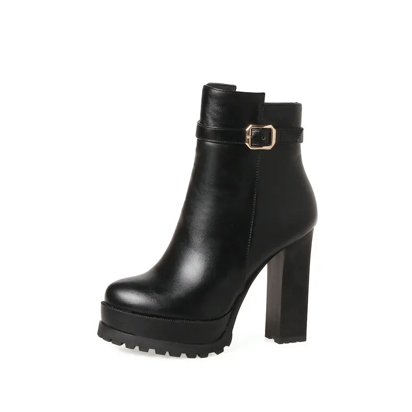 QUTAA/; женские ботильоны; женская обувь на высоком квадратном каблуке с острым носком на молнии в западном стиле; женские мотоциклетные ботинки; размеры 34-43 - Цвет: Черный