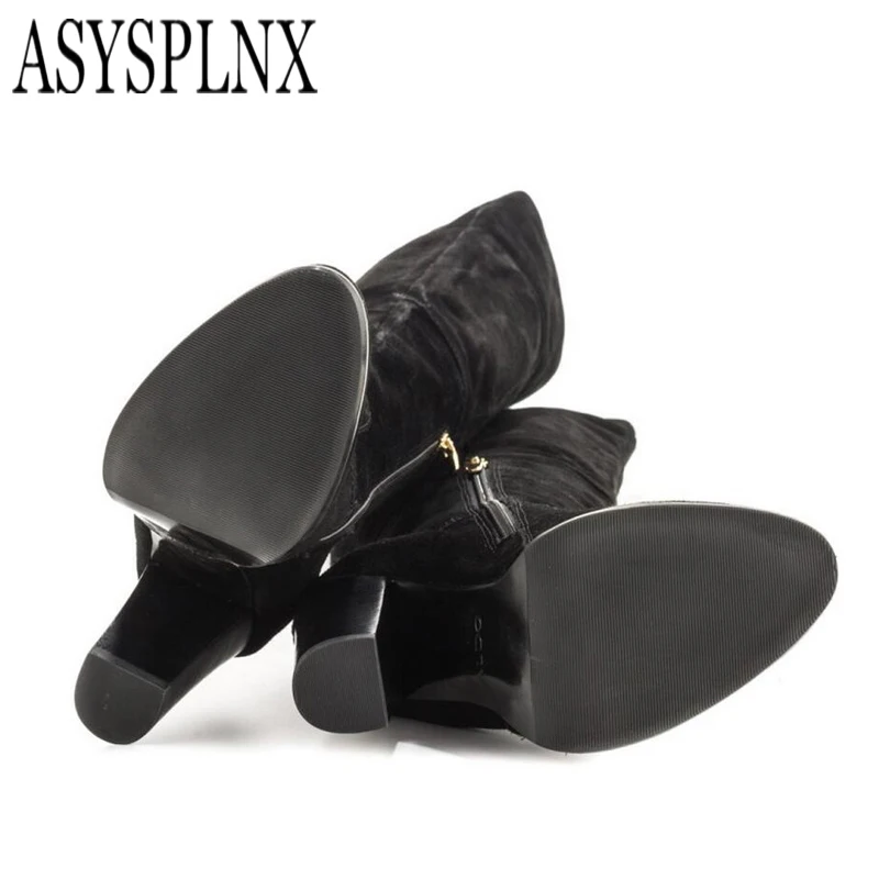 Aspsylnx бренд 2018 г. женские зимние сапоги из флока женская обувь на высоком каблуке
