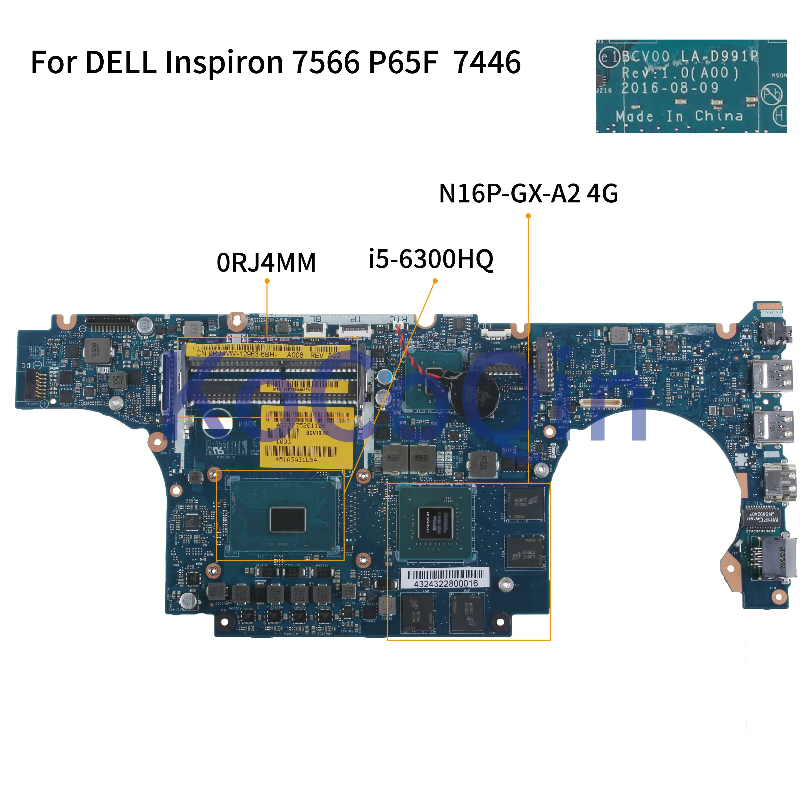  KoCoQin Laptop motherboard For DELL Inspiron 7566 P65F I5-6300HQ Mainboard BCV00 LA-D991P 0RJ4MM CN