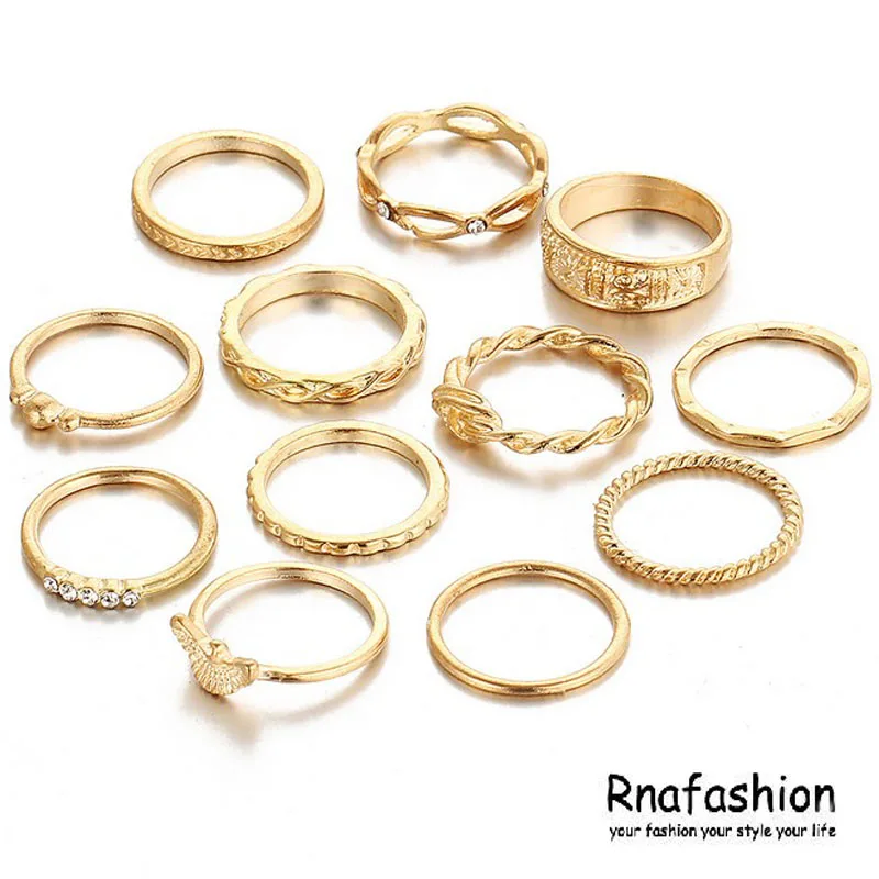 

RNAFASHION 12Pcs/Set Vintage Midi Finger Ring Sets Bohemia Fashion Gold Color Knuckle Rings For Women Party Accessories