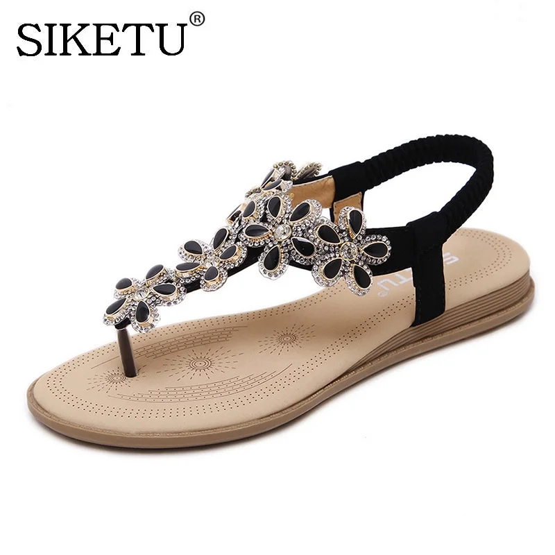 

SIKETU Flat Sandals Big Size 35-41 2017 Summer Women Sandals Bohemia Rhinestones Flower Thong Toe Shoes Sandalia Feminina