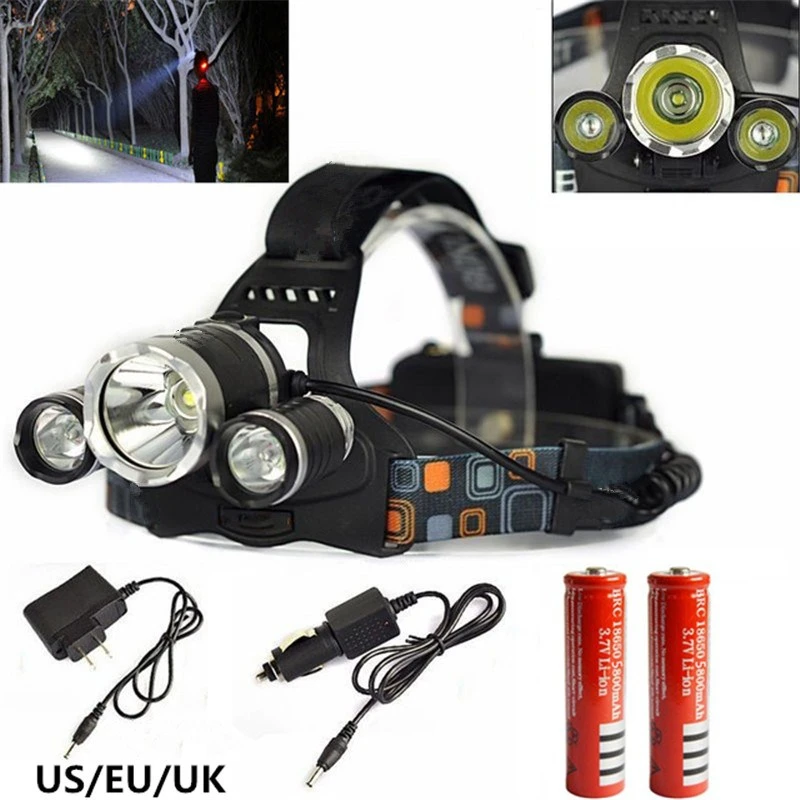 

3 LED Headlight 6000 Lumens Cree XM-L T6 Head Lamp High Power LED Headlamp +EU/US Charger+2x18650 battery For Hunting/Camping