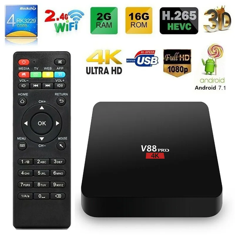 

V88 PRO 4K Android 7.1 TV BOX RK3229 Quad Core 2GB+16GB WiFi USB Media Set Top Box