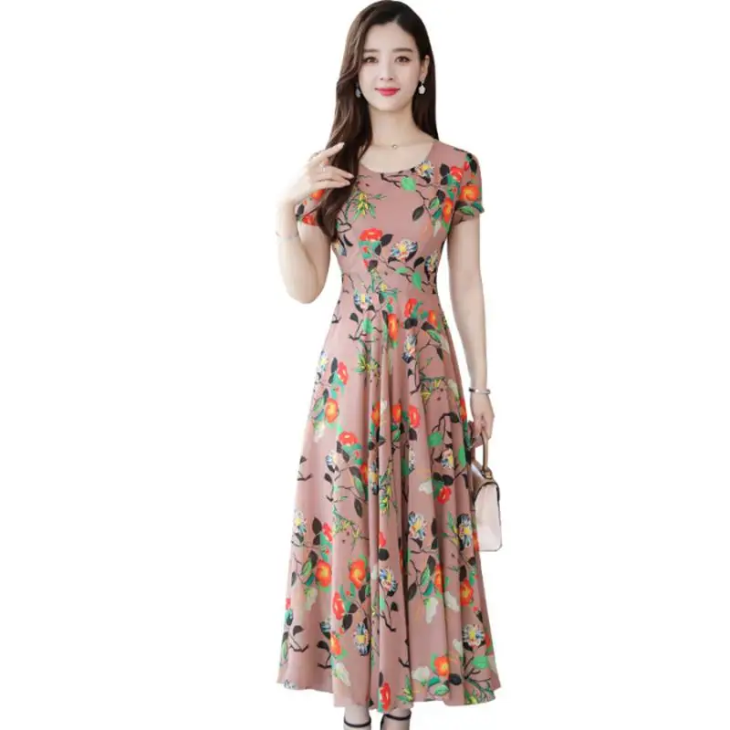 

Yfashion Women Summer Loose Round Collar Long Floral High Quality Simple Beautiful Summer Dress Pattern Short Sleeve Dress