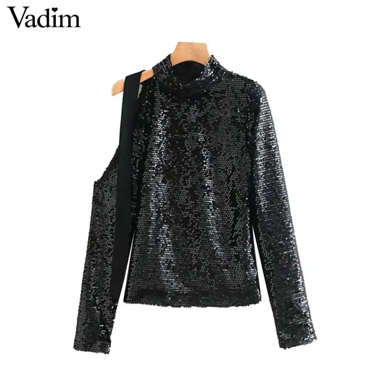 Vadim mujer chic negro lentejuelas Blusa de manga larga