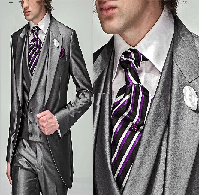 

2015 Slim Fit Two Buttons Groom Tuxedos Grey Best man Peak Lapel Groomsman Men Wedding Suits Bridegroom (Jacket+Pants+Tie+Vest)w