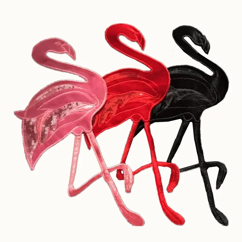 

XICC 3 Color Available Big Size Flamingo Red-Crowned Crane Badge Emboridery Patches With Sequin Appliques Clothes Decorated DIY