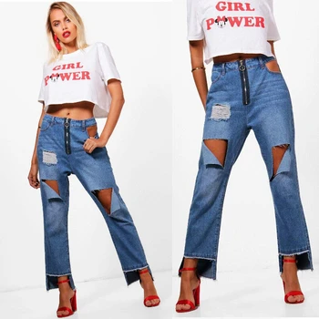 

Sexy Women Destroyed Ripped Distressed Slim Denim Pants Boyfriend Jeans Trousers