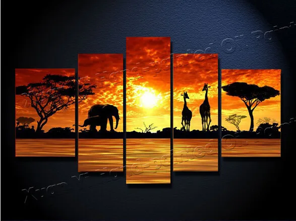 5 Панель Современная ручная роспись Африканский сафари пейзаж маслом слон жираф пейзаж Картина Куадрос холст без рамы XY246