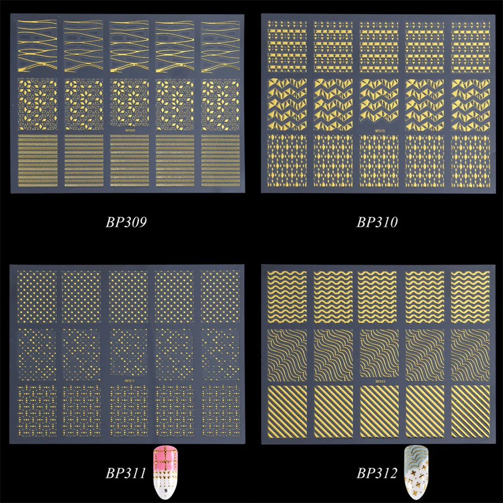 Золотой 3D клей для накладных ногтей, наклейки, Геометрические полосы, дизайн линии, фольга, Слайдеры для ногтей, декоративные наклейки, маникюр, TRBP301-316