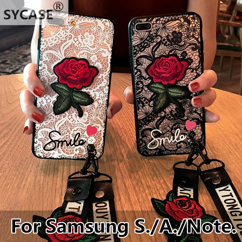 SYCASE длинный ремешок кружева с вышивкой роз Наклейки Обложка для samsung S6 S7 край S8 S9