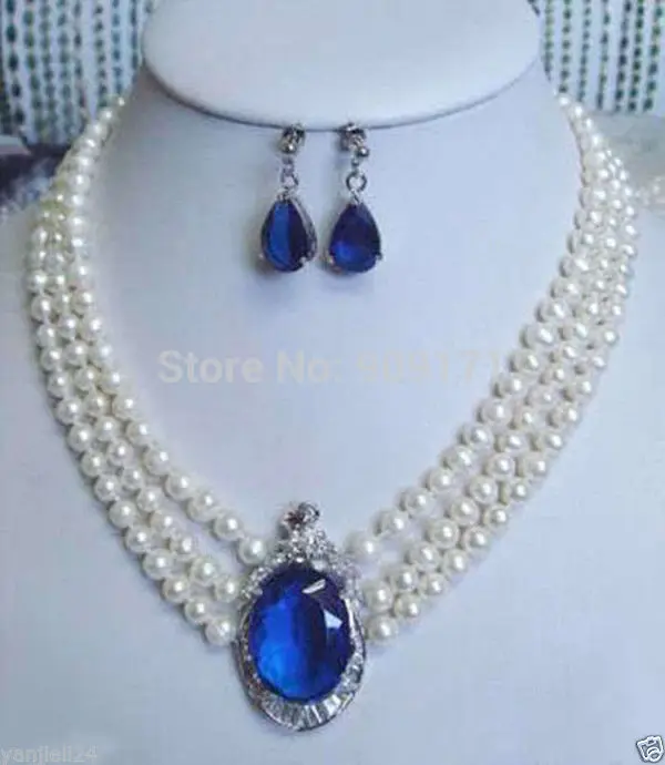 

3 rows white pearl sapphire pendant necklace earrings Set