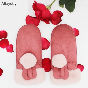 

Gloves Women Suede Finger-less Plus Velvet Thicker Hairball Bow Plush Winter Warm Womens Glove All-match Kawaii Trendy Leisure