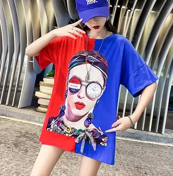 

2019 Large Size Women's Wear Fat MM Slim Medium and Long Loose and Leisure Cotton Featured Stitching T-Shirt free shipping