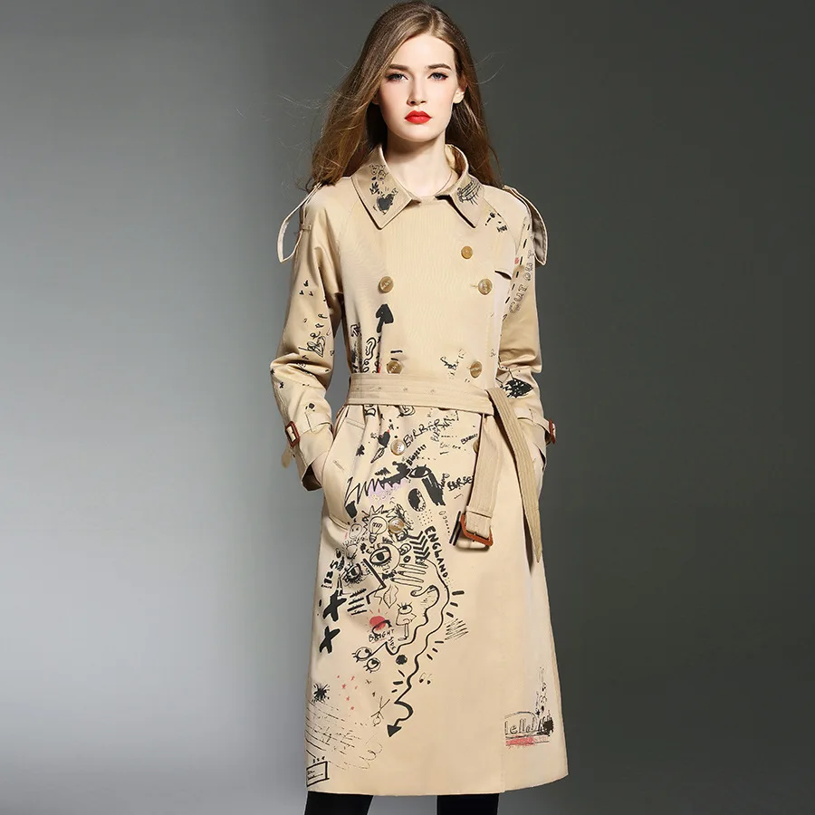 Fashion women 's print Trench coat Spring Autumn england style double breasted belt windbreaker coat Chic lady wind coat D498