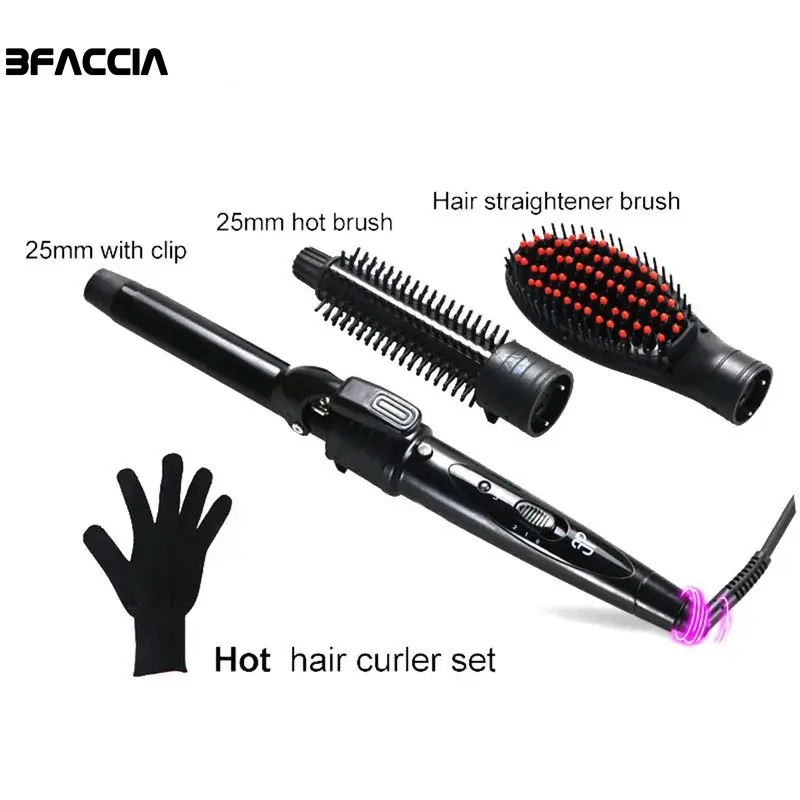 

Bfaccia 3 in 1 Professional Interchangeable Hair Curling Iron Roller Wand Set with Hair Curler Hot Brush Hair Straightner Brush