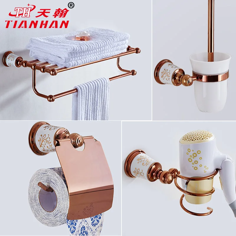 Rose Gold Bath Hardware Hanger Set Package Carved Eramic Base Towel