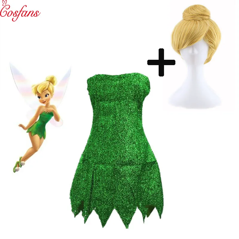 Skup 2019 nowy Pixie Fairy przebranie na karnawał dzwoneczek zielona sukienka dla dorosłych Tinkerbell impreza z okazji halloween Sexy Cosplay Mini sukienki z peruką