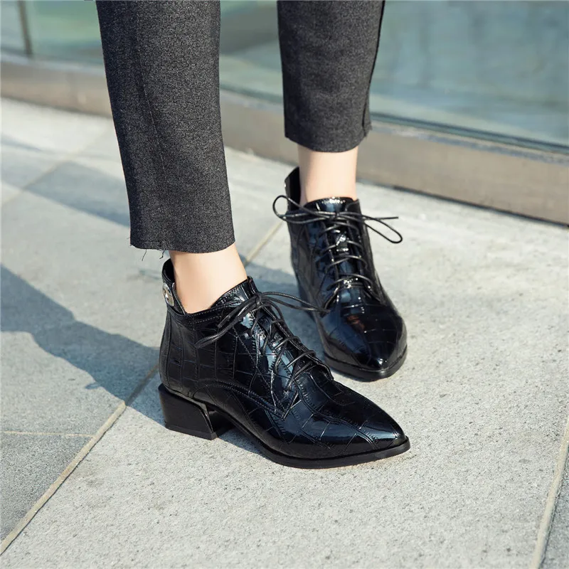 

YMECHIC Retro Lace Up Women Ankle Boots Pointed Toe Medium Block Chunky Heel Ladies Shoes Plus Size Black Beige Bootie Footwear