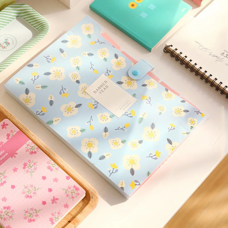 

Multi-layer Small fresh Floral Loose-leaf file folder A4 Organizer student testpaper bill storage package portable office Supply