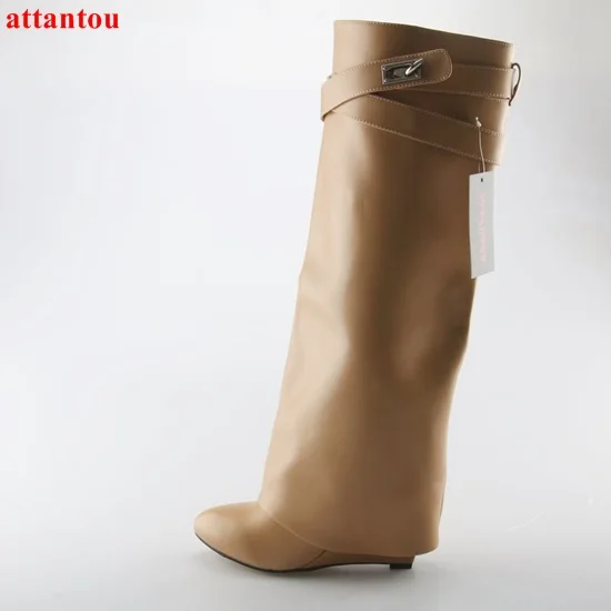 

High Quality Apricot Woman Long Boots Wedges Height Increasing Knee-high boots Metal Buckles Decor 2017 Autumn Winter Boot