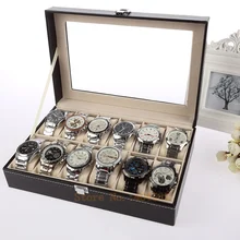 Пинхол линии и черного цветов, на возраст 12-Сетка искусственная дисплей для часов кожаный браслет Коробка Чехол украшения Витрина коробка для хранения часов с крышкой