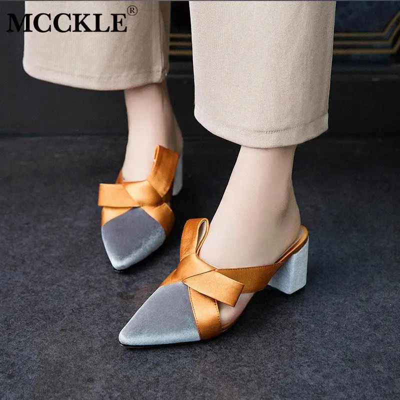 

MCCKLE Summer Women Sandals Suede Pointed Toe Bowtie Slip On Female Thick Heels Shoes Ladies Spring Shoes Female Party Footwear