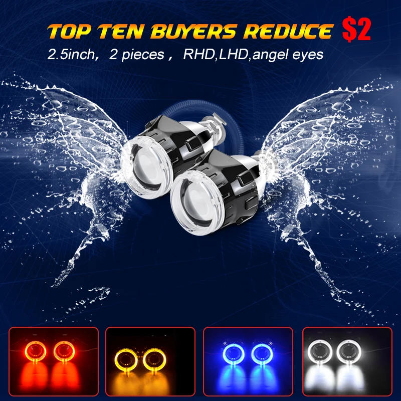 

2Pcs 2.5 inch car Projector Lens Bi xenon with Angel Eyes Black Mask H7 H4 Socket Headlamp Use H1 HID Bulbs LHD RHD Car Styling