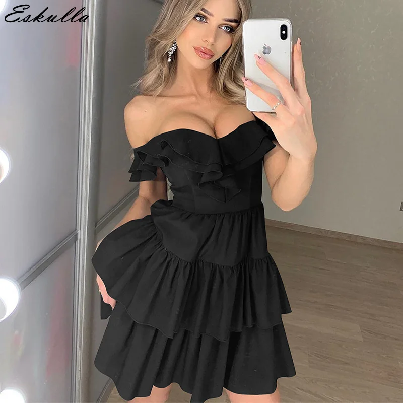 Eskulla летние однотонные новые женские пикантные без бретелек Раффлед рукавов