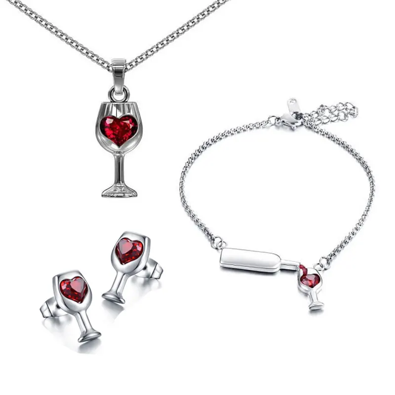 

Personality design 3 piece Suit Wine Earrings Bracelet Necklace for Women Stainless steel Fashion Wedding Wine Jewellery Gift