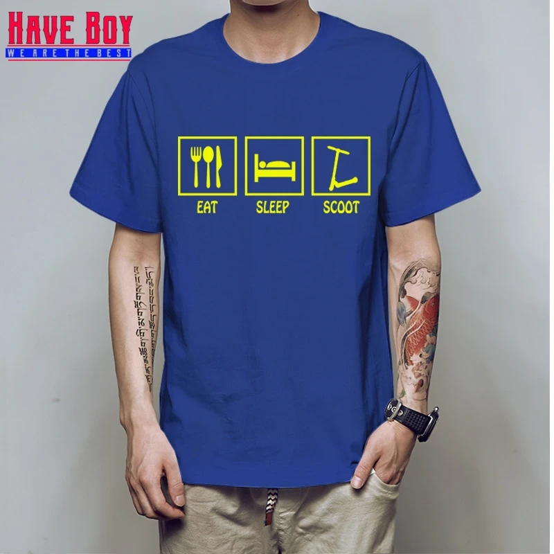 Одежда для мальчиков, забавная футболка с надписью «EAT SLEEP SCOOT push stunt scooter», Мужская хлопковая футболка с коротким рукавом, топ HB256