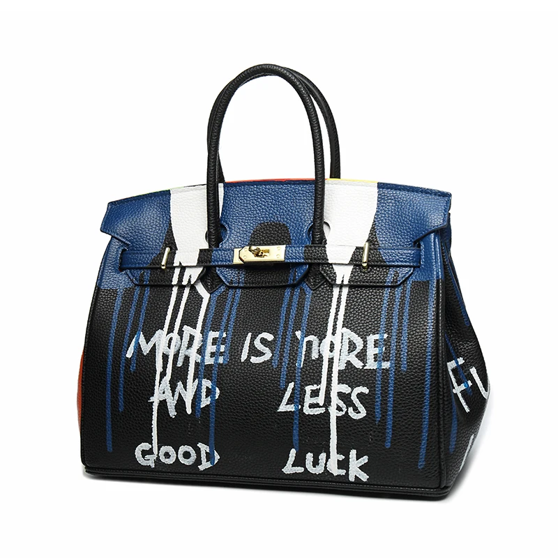 

2017 Winter High Quality Hand-painted Graffiti bag Genuine Leather Litchi Pattern Dermis Platinum Handbag Large Capacity Gold