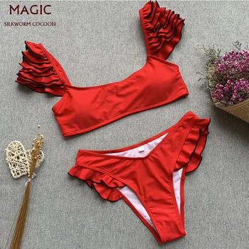 

Red Black Bikini Pleated Ruffle Two-piece Swimsuit Women Solid Low Waist Swimwear Girl Beach Backless Sexy Swimming Suit