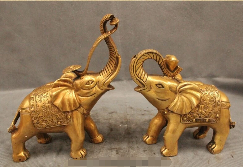

10" China Feng Shui Brass Wealth Elephant Yuan Bao Ru Yi Auspicious Statue Pair