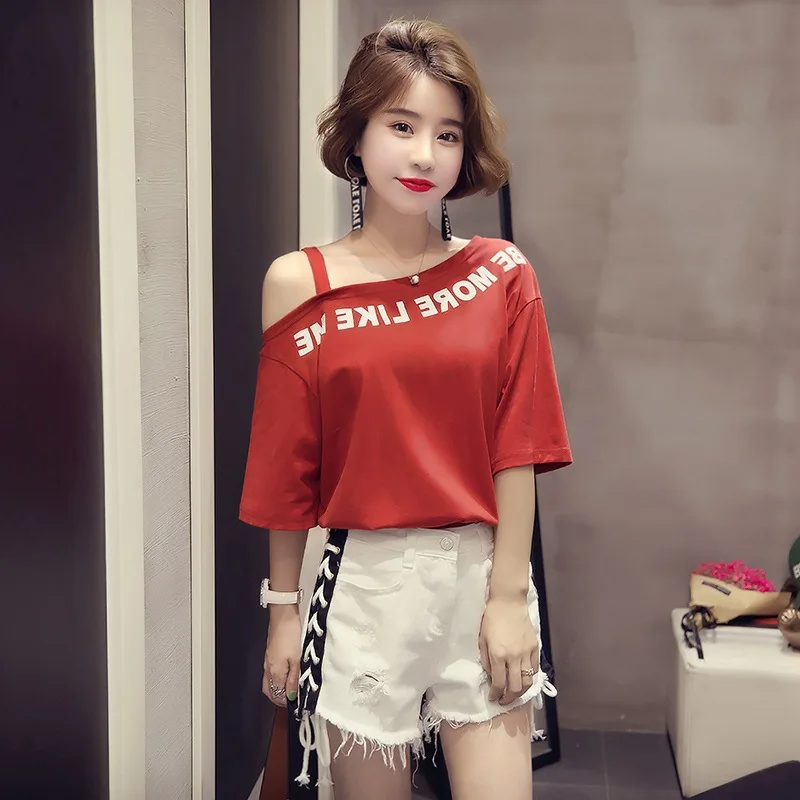 

Female One Shoulder Tops Short Sleeve T-Shirt Off-the-shoulder Shirt Print Bottoming Shirt Loose and Comfortable Milk Silk Tops