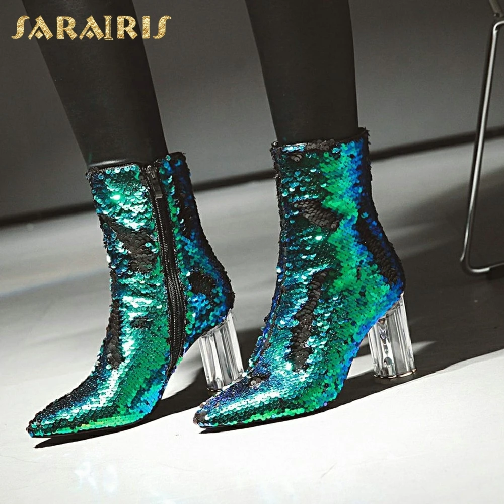 

SARAIRIS New plus Size 32-43 Sequin Add Fur Winter Boots Woman New Fashion Dropship Zip Up Ankle Boots Woman Shoes Woman