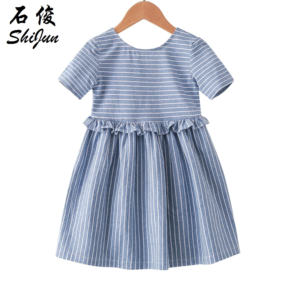 

Shijun Girls Frock Designs 2in1 Organic Washed Cotton Striped Kids Dress