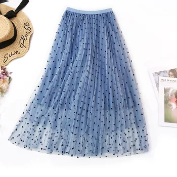 

New Fashion Dot Print Mesh Skirts Women High Waist Ball Gown Skirts Midi Skirt Female Elegant Long Party Faldas Mujer F197